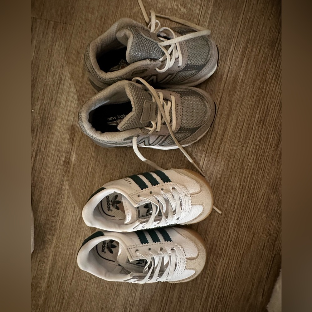Two baby first sneakers: New balance gray 5 US and Adidas Samoa size 4K US